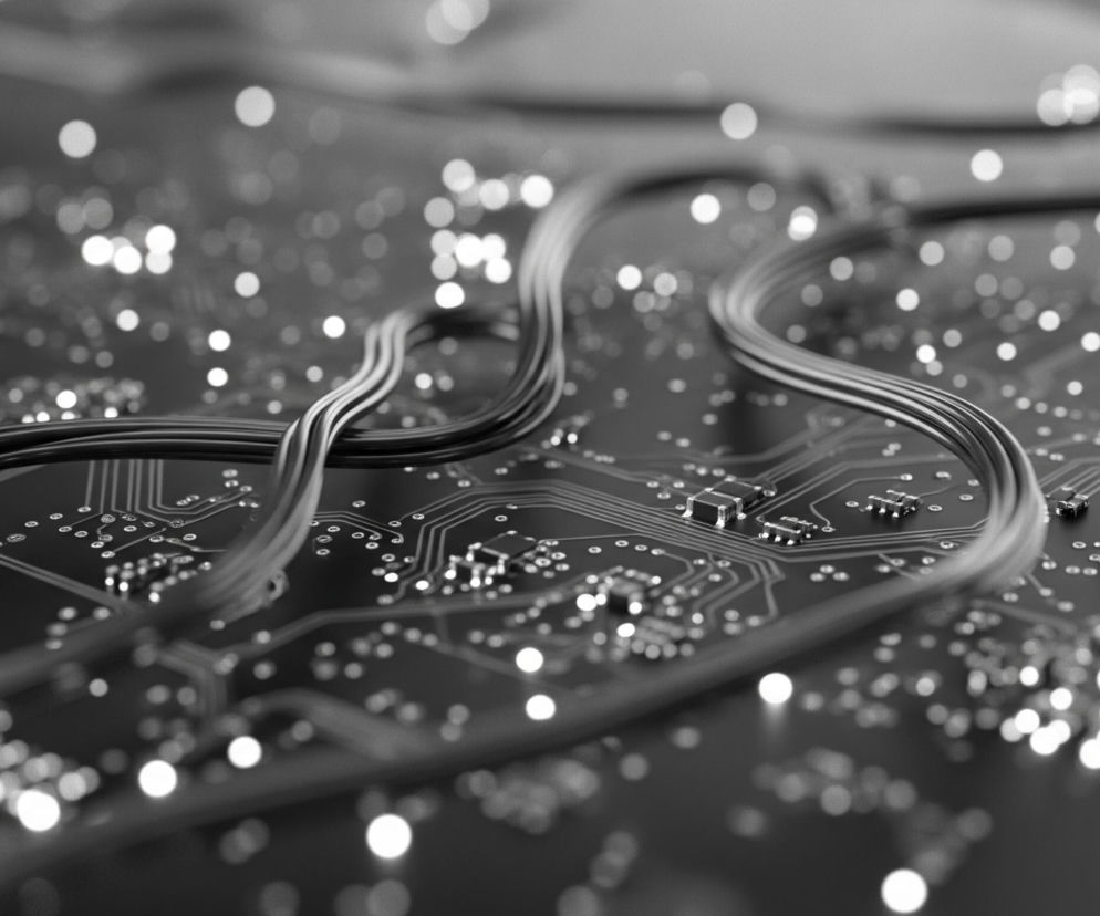 Ciemna płyta główna, pokryta siecią cienkich, jasnych ścieżek, wypełnia większą część kadru. Na niej leżą grube wiązki kabli, łączące różne elementy. Dookoła ścieżek widoczne są liczne, jasne, rozmyte punkty światła, tworzące efekt bokeh. Całość utrzymana jest w czarno-białej tonacji, z dominującymi ciemnymi odcieniami i jaskrawymi, białymi światłami.