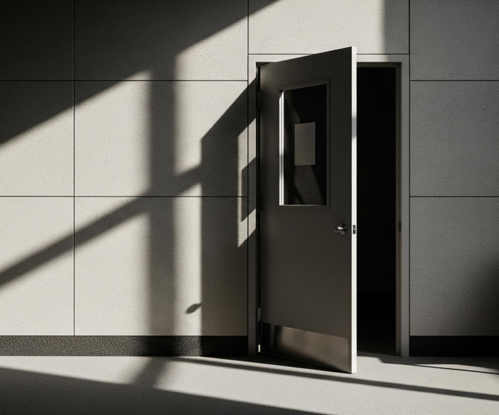 Wnętrze pomieszczenia z uchylonymi drzwiami, rzucającymi cień na jasną, kafelkową ścianę. Drzwi są szare, mają prostokątną szybę z poziomą, białą wstawką oraz metalową listwę u dołu. Na ścianie i podłodze widoczne są ostre, geometryczne cienie, tworzące wrażenie padającego światła słonecznego, częściowo oświetlającego również dywanową podłogę. W prawym rogu obrazu stoi ciemny, prosty stolik z metalowymi nogami, na którym leżą trzy teczki w odcieniach brązu i beżu.