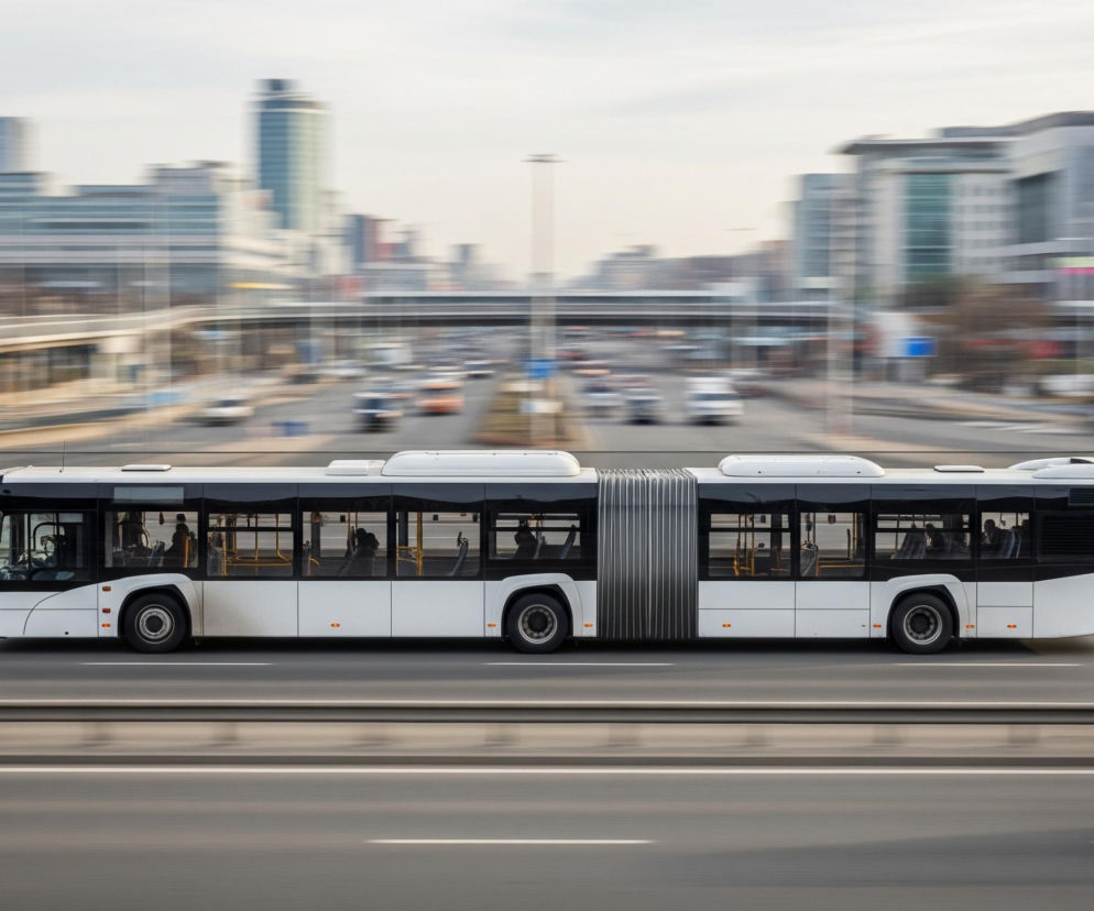 Biały przegubowy autobus jedzie po wielopasmowej drodze szybkiego ruchu. W jego oknach widać sylwetki pasażerów i żółte uchwyty. Droga rozciąga się w tle z rozmytymi budynkami i samochodami, sugerującymi ruch. Autobus znajduje się w środku kadru, otoczony poziomymi liniami szarego asfaltu i barier ochronnych, z niebem widocznym u góry.