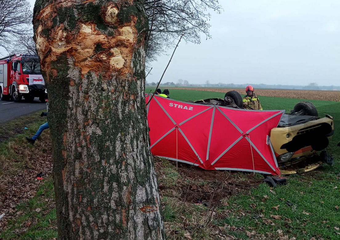 Śmiertelny wypadek pod Wschową! 49-latka nie miała szans po uderzeniu w drzewo i dachowaniu [ZDJĘCIA].