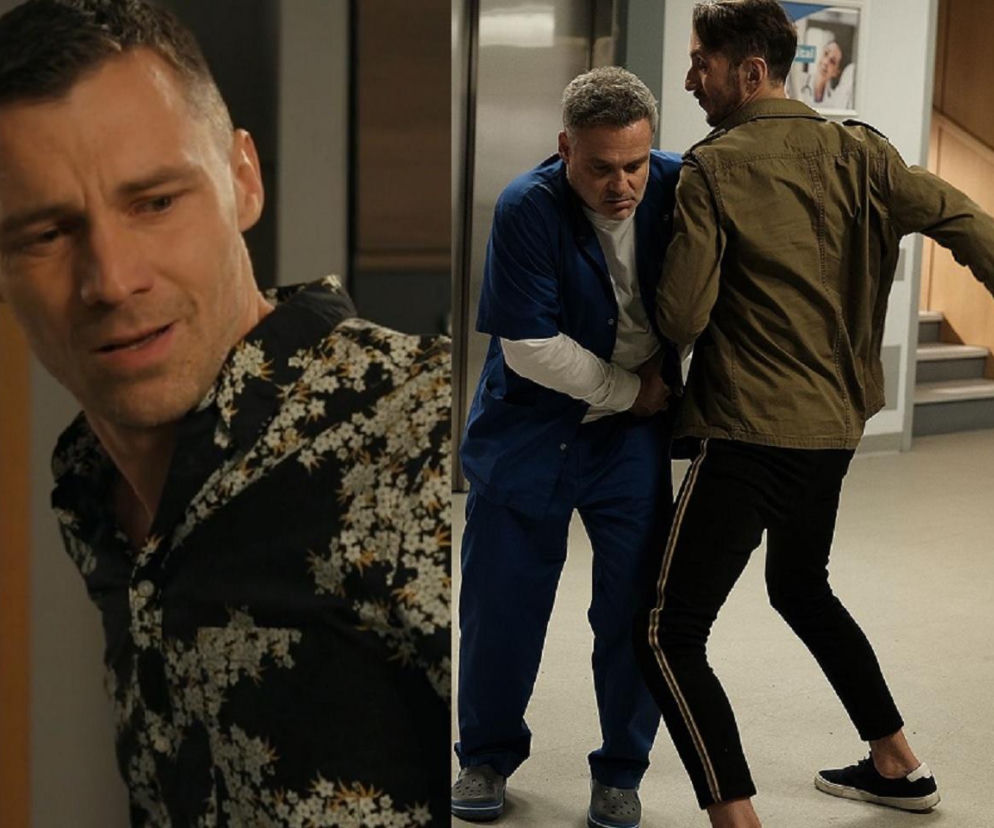 Darek (Andrzej Niemyt) w czarnej koszuli w białe kwiaty i scena ataku na Karola (Jan Wieczorkowski) przez pacjenta, który dźga go nożem w szpitalu w serialu „Barwy szczęścia”. Więcej o tragicznym losie bohaterów przeczytasz na Super Seriale.