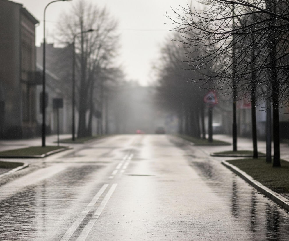 Na pierwszym planie widoczna jest mokra, asfaltowa ulica pokryta licznymi kałużami, z podwójną białą linią ciągłą biegnącą przez środek. Po obu stronach drogi znajdują się chodniki, częściowo widoczne krawężniki i pasy zielonej trawy z rzędami drzew o nagich gałęziach, pokrytych drobnymi kroplami wody. W tle droga niknie w gęstej, szarej mgle, a po bokach widać niewyraźne zarysy budynków oraz pojedyncze, okrągłe znaki drogowe z czerwonym obramowaniem.