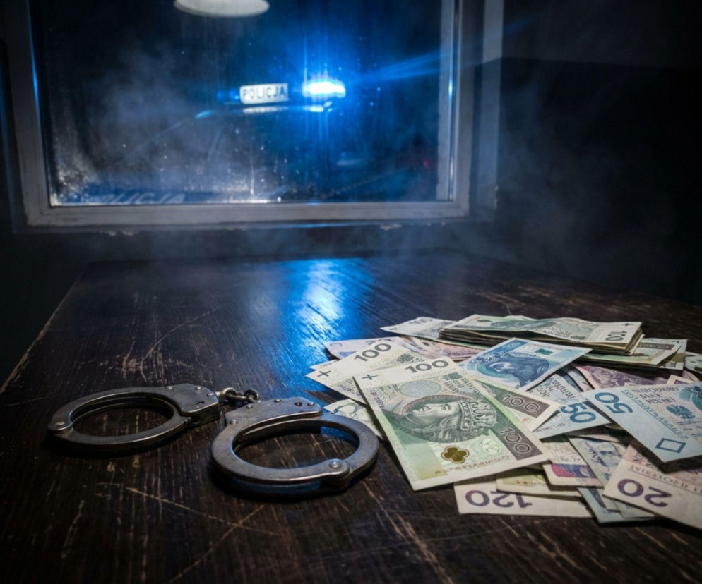 Kajdanki i skradzione pieniądze na policyjnym biurku