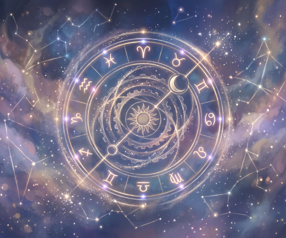 Złoty krąg z symbolami zodiaku i słońcem na tle gwieździstego kosmosu. O horoskopie na dziś przeczytasz na VOX FM.