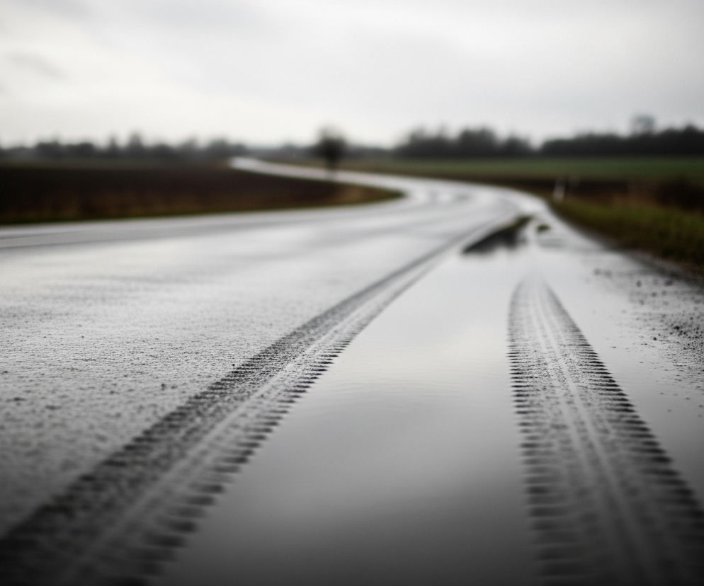Asfaltowa droga, mokra od deszczu, rozciąga się w głąb obrazu, z lewej strony widoczne są ślady opon w kałuży, odbijającej pochmurne niebo. Po obu stronach drogi rozpościerają się pola, brązowe po lewej i zielone po prawej, na horyzoncie zamazane drzewa i krzewy zlewają się w ciemną linię pod jasnoszarym, zachmurzonym niebem. Długi, płytki zbiornik wody leży na wklęsłej stronie drogi, tworząc długą, wąską kałużę, w której odbija się niebo i chmury. Odbicia tworzą na kałuży ciemną, lustrzaną powierzchnię, która jest ciemniejsza niż mokra nawierzchnia drogi.