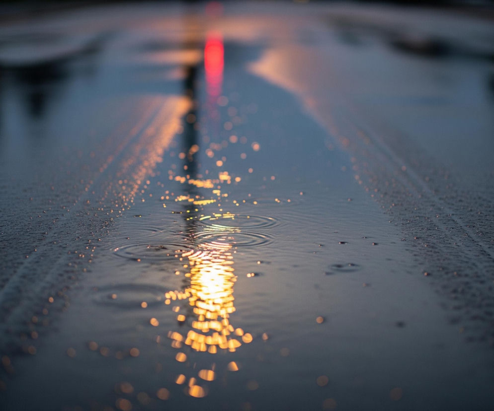 Mokry asfalt lub inna ciemna, płaska powierzchnia odbija rozproszone światła miejskie. Złote i pomarańczowe plamy światła tworzą długi, nieregularny pas, rozciągający się od dołu obrazu, gdzie są one najbardziej wyraźne i liczne, w górę, stając się mniejsze i rozmyte. Na lewo od tego pasa widoczne są kręgi na wodzie, świadczące o padających kroplach deszczu. W tle, u góry obrazu, pojawia się wyraźny czerwony smug światła, odbijający się w mokrej nawierzchni.
