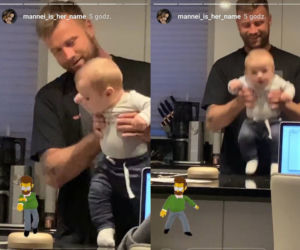 Artur Boruc trzyma synka na blacie kuchannym i porusza nim w takt muzyki