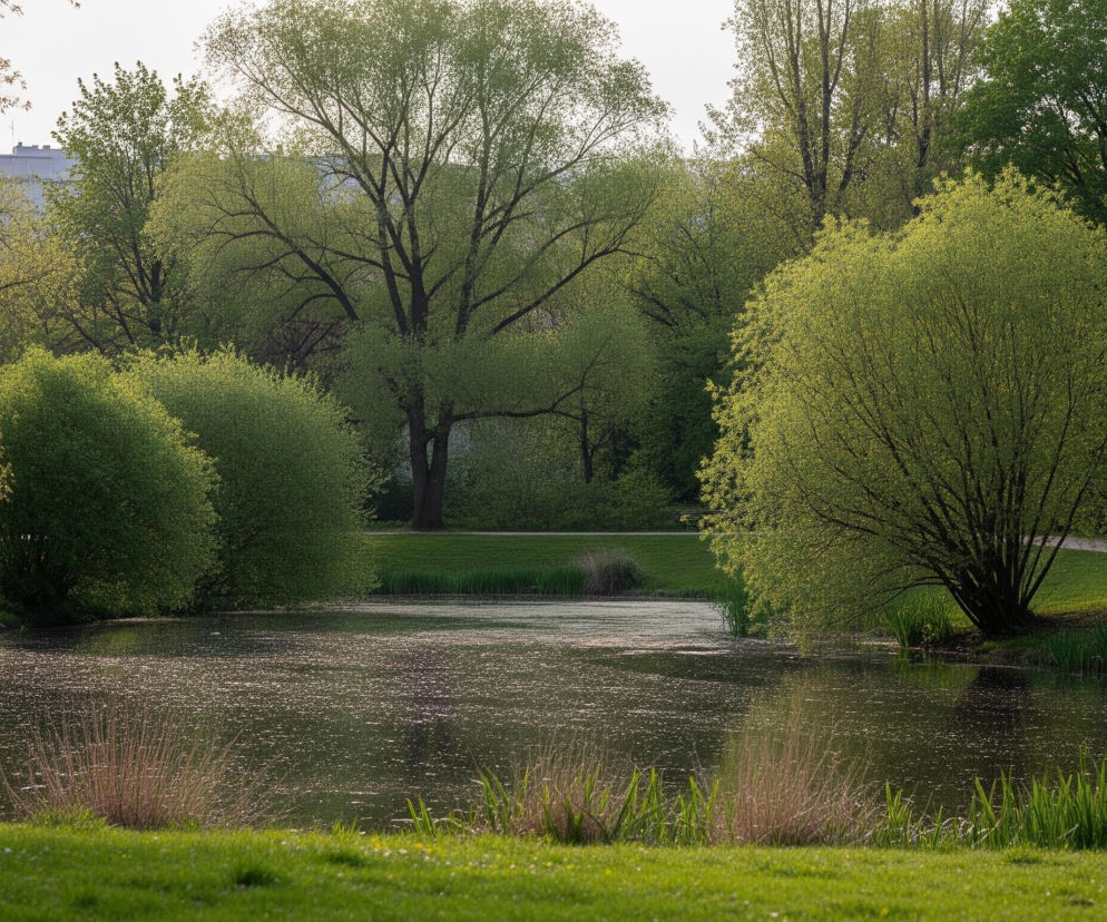 Wiosenny krajobraz parku przedstawia duży staw otoczony soczyście zieloną trawą i drzewami o świeżych, jasnozielonych liściach. Na pierwszym planie widoczne są kępy wysokich traw i młodych trzcin wystających z wody stawu oraz z brzegu. Przez park prowadzą jasne ścieżki, a w oddali widać ławkę, latarnię uliczną oraz zarysy budynków. Światło słoneczne pada na liście, sprawiając, że mienią się jasnozielonymi odcieniami, podczas gdy tafla wody delikatnie odbija otoczenie.
