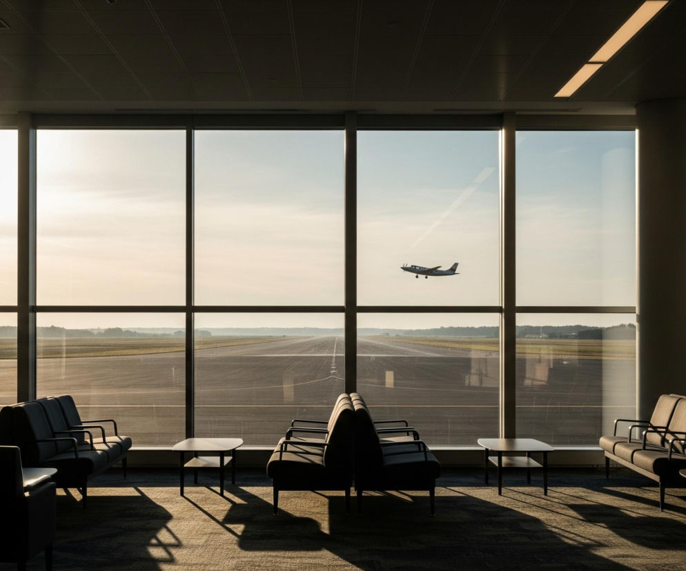 Wnętrze lotniskowego terminala oświetlone zachodzącym słońcem, z rzędem ciemnych siedzeń i stolików rozmieszczonych na wykładzinie. Przez duże okna widać pas startowy, pola uprawne i odległy las, a pośrodku nieba leci mały, dwusilnikowy samolot, który jest zacieniony, a jego kształt jest wyraźnie widoczny. Jasne, białe światło zachodzącego słońca dominuje w górnej części okien, a poziome listwy sufitowe z wbudowanym oświetleniem tworzą równoległe linie. Cała scena jest utrzymana w ciepłych, złoto-brązowych barwach, z dominującymi ciemnymi tonami we wnętrzu terminala i jasnymi na zewnątrz.