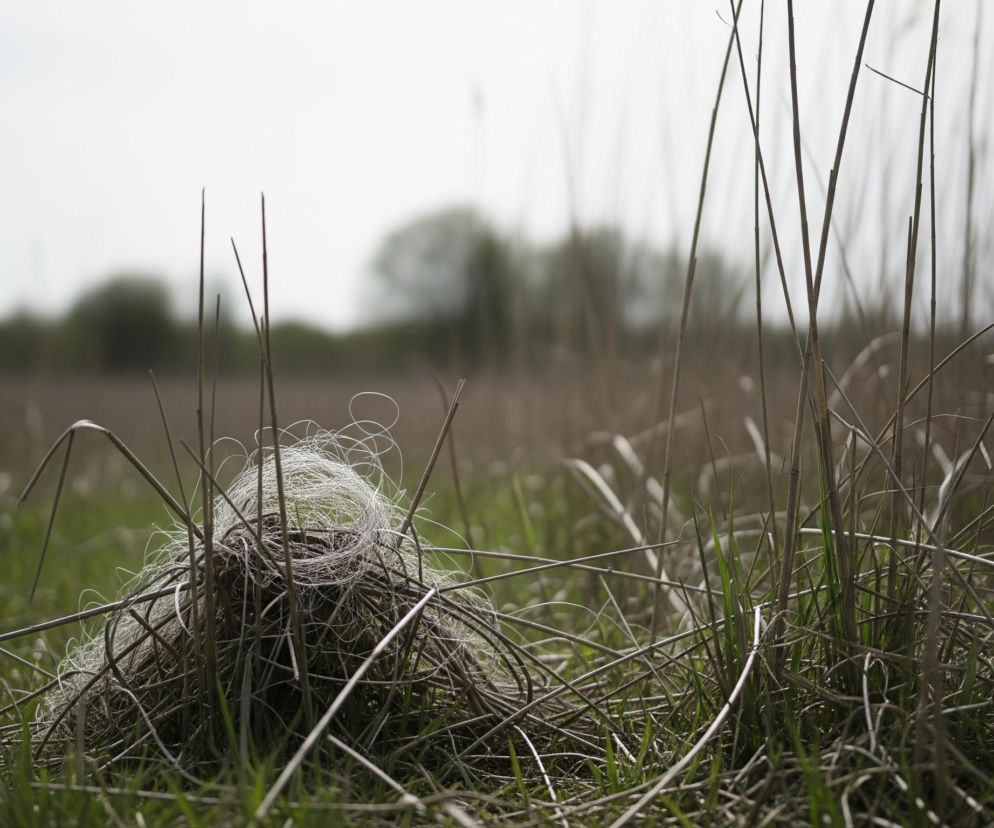 Na pierwszym planie, centralnie, leży splątany kłębek jasnych, cienkich włókien, wyglądający jak siatka, otoczony suchymi, brązowymi źdźbłami trawy i młodą, zieloną trawą. Gęste, suche trawy i długie źdźbła trzcin dominują na drugim planie, tworząc naturalną zasłonę. W tle rozciąga się rozmyty krajobraz z ciemniejszymi plamami zieleni, prawdopodobnie drzewami lub krzewami, pod jasnym, zachmurzonym niebem.