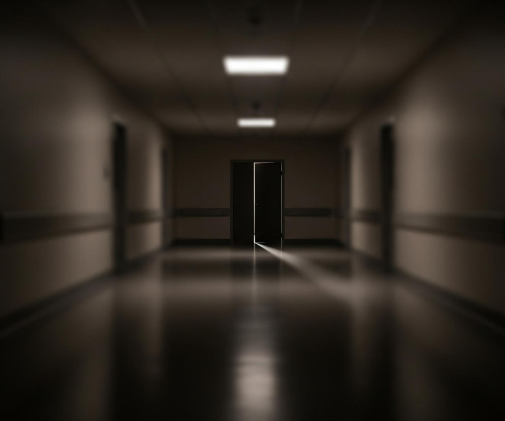 Długi, ciemny korytarz rozciąga się w głąb obrazu, z drzwiami delikatnie uchylonymi na końcu, przez które wpada jasne światło. Białe, prostokątne lampy sufitowe, ułożone w jednej linii, rzucają słabe światło na ściany i podłogę. Brązowe drzwi po obu stronach korytarza są zamknięte, tworząc symetryczny układ, a ich cienie odbijają się na lśniącej posadzce. Perspektywa jest rozmyta, z ostrością skupioną jedynie na uchylonych drzwiach na końcu korytarza, co podkreśla ich centralną pozycję.