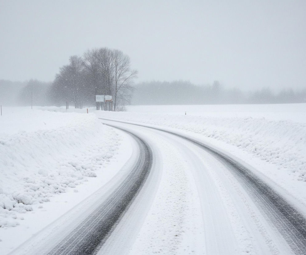 Wąska, zaśnieżona droga z wyraźnymi czarnymi śladami kół wygięta jest w prawo i biegnie przez centralną część obrazu. Po obu stronach drogi piętrzą się wysokie zaspy świeżego białego śniegu, z widocznymi grudkami i nierównościami. W tle, po lewej stronie drogi, stoją nagie drzewa, a dalej rozciąga się ciemny pas lasu, rozmyty przez padający śnieg i niską widoczność. Całe niebo jest jednolicie szare, tworząc atmosferę zimowego dnia i zamieci.