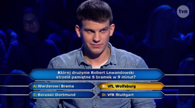 Milionerzy - pytanie o Lewandowskiego: komu strzelił 5 bramek w 9 minut?