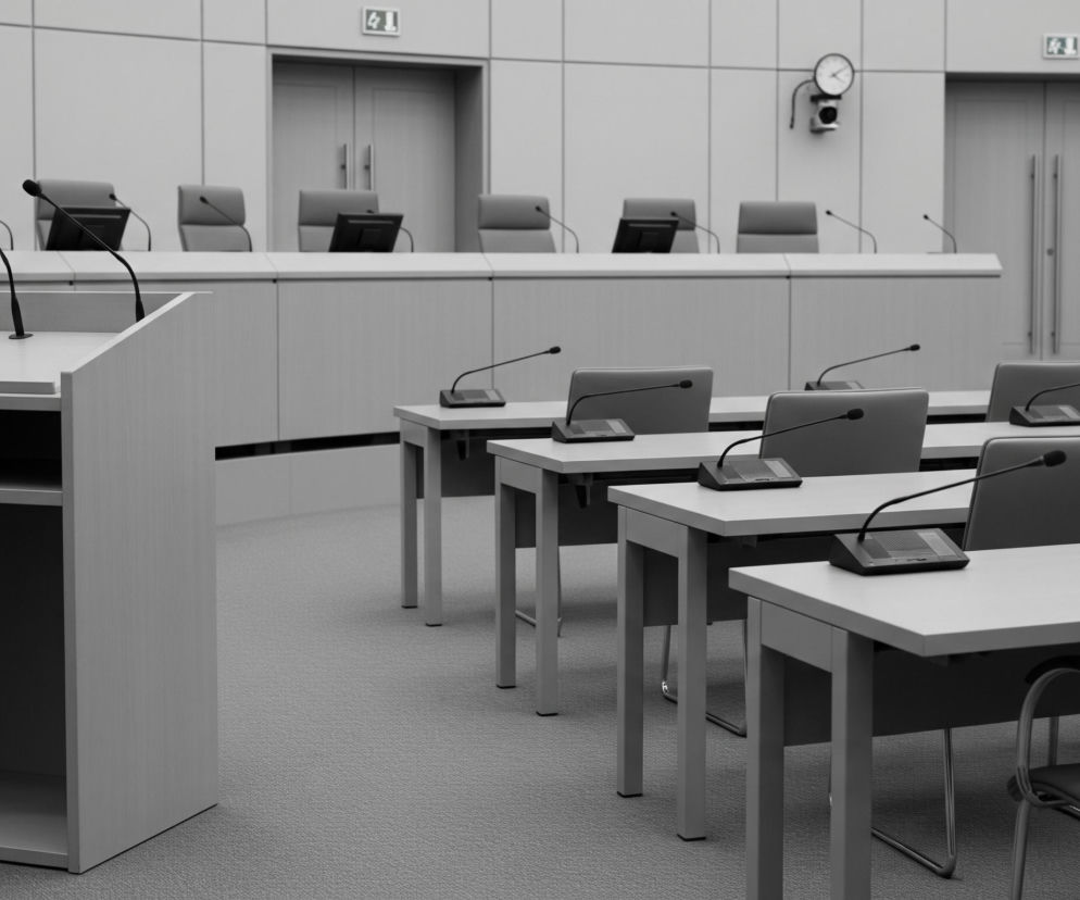 Wnętrze sali konferencyjnej utrzymane jest w monochromatycznej szarości. Na pierwszym planie po lewej stronie znajduje się jasnoszara mównica z mikrofonem, skierowana w stronę rzędów stolików i krzeseł. Na każdym szarym stoliku widoczny jest czarny panel sterowania z mikrofonem na giętkim ramieniu, obok niego stoi krzesło z ciemnoszarym obiciem i metalową ramą. W głębi sali, za drugim rzędem stolików, ustawiony jest długi, jasnoszary blat z kilkoma monitorami i krzesłami, a na dalszym planie widać dwie szare, dwuskrzydłowe drzwi oraz kwadratowe panele na ścianach.