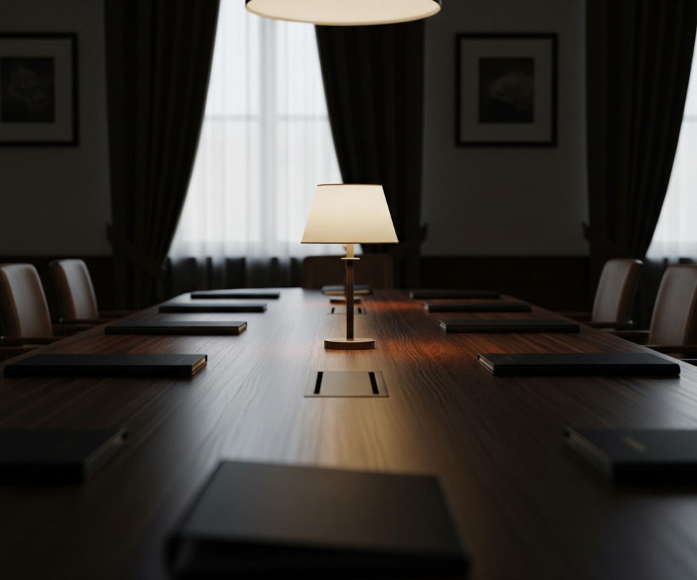 Centralnie na drewnianym stole konferencyjnym stoi włączona lampa stołowa z beżowym abażurem, rzucająca ciepłe, punktowe światło. Stół, wykonany z ciemnobrązowego drewna z widocznym usłojeniem, rozciąga się w głąb obrazu, a po obu jego stronach ustawione są beżowe krzesła z ciemnymi, drewnianymi ramami. Na stole, przed każdym krzesłem, leżą czarne, prostokątne notatniki. W tle widoczne są duże okna zasłonięte białymi, półprzezroczystymi firankami i ciężkimi, ciemnymi zasłonami, a na ścianie po lewej i prawej stronie okien wiszą ciemne obrazy w czarnych ramach.