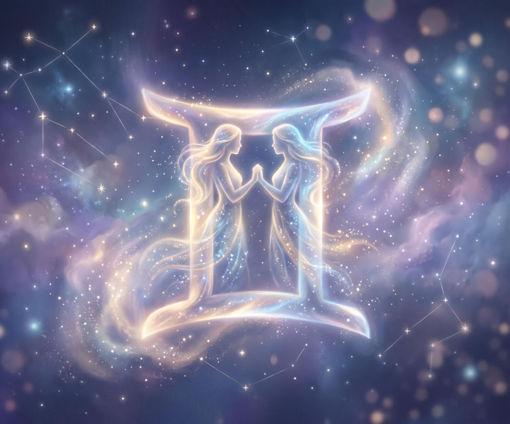 Świetlisty symbol Bliźniąt z sylwetkami kobiet na tle kosmosu. Horoskop dzienny sprawdzisz na Eska.