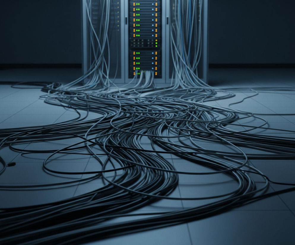 W centrum obrazu znajduje się otwarty, szary serwer rackowy, z którego wychodzi gąszcz kabli. Kable, głównie w odcieniach szarości i czerni, splątane są na podłodze, rozciągając się na pierwszy plan i boki. Wewnątrz serwera widać rzędy aktywnych diod LED, świecących na zielono, pomarańczowo i niebiesko. Podłoga pokryta jest kwadratowymi, jasno-szarymi panelami, a otoczenie jest ciemne, minimalistyczne, oświetlone jedynie blaskiem diod.
