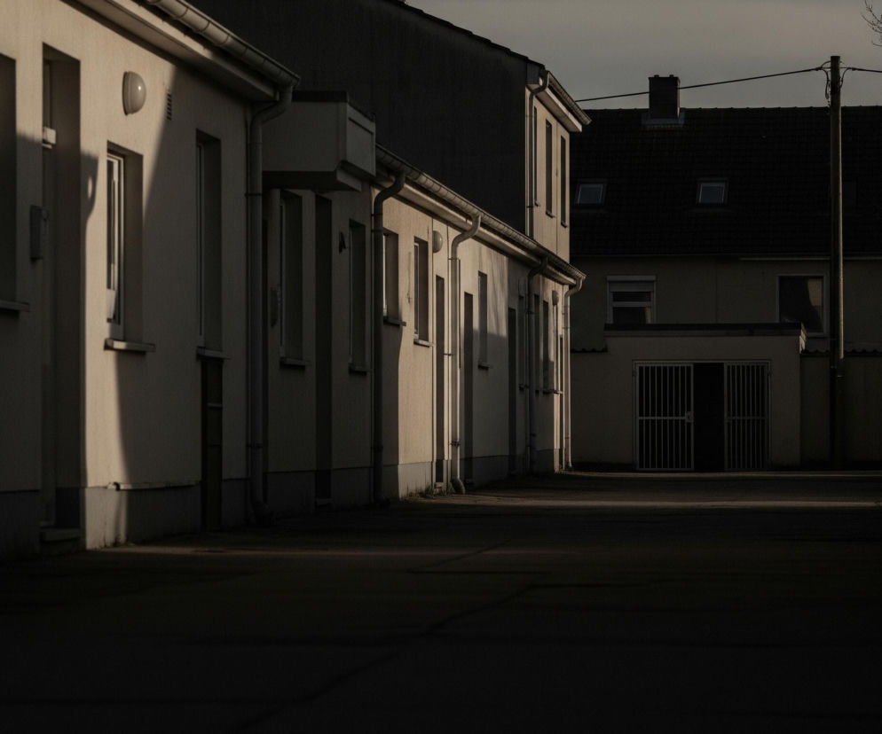 Długi, wąski zaułek rozciąga się w głąb obrazu, otoczony budynkami po obu stronach. Lewa strona zaułka jest oświetlona ciepłym, bocznym światłem, rzucającym długie, pionowe cienie na jasne ściany budynków. Po prawej stronie zabudowania pozostają w cieniu, z widocznym jedynie zarysem ich fasad i nielicznymi detalami. Na końcu zaułka widoczny jest zamknięty, czarny portal z kratami, a za nim fragment ciemnego budynku z dachem. Ponad budynkami w oddali widać nagie gałęzie drzew i słup z przewodami.