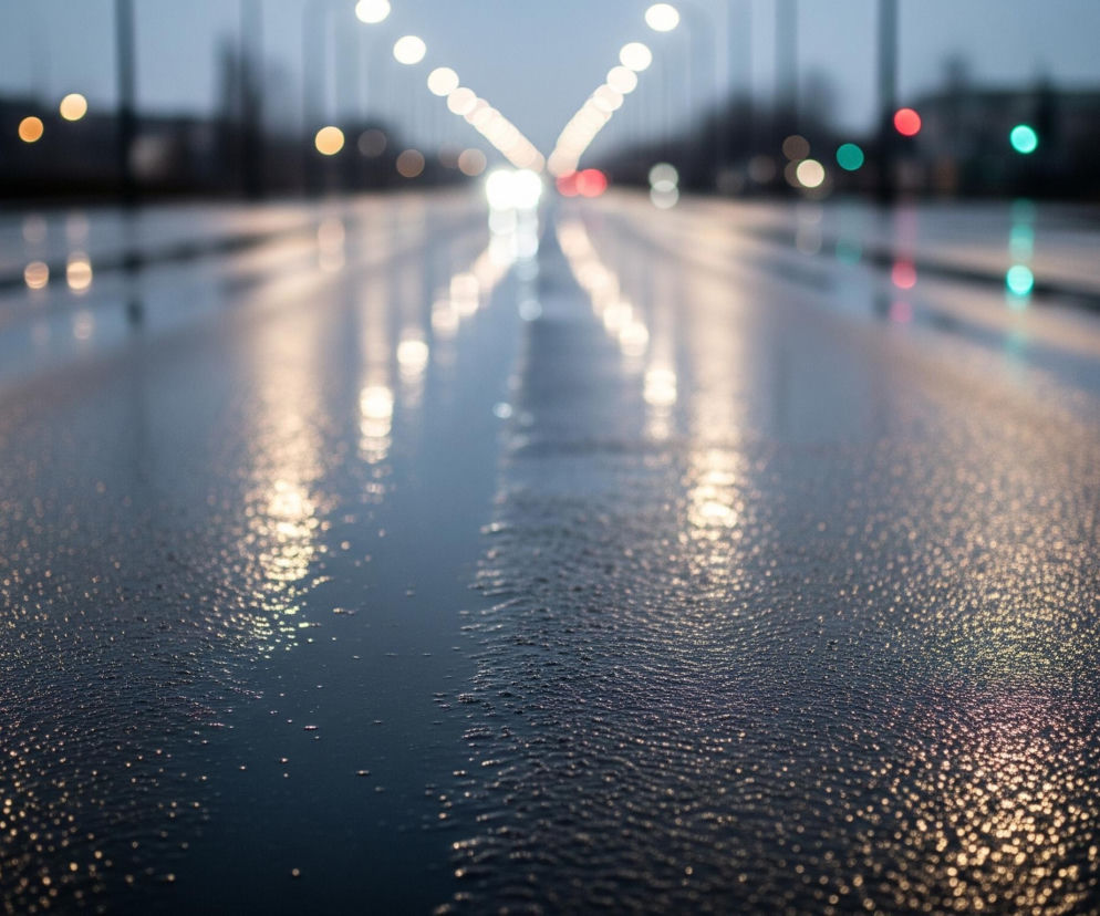 Na pierwszym planie widoczna jest mokra nawierzchnia, prawdopodobnie asfaltowa, pokryta licznymi kroplami wody, które odbijają światło, tworząc efekt rozmytych, jasnych punkcików. Powierzchnia drogi, o ciemnej barwie, rozciąga się w głąb obrazu, gdzie zbiega się w horyzoncie. W oddali, wzdłuż osi drogi, ciągną się rzędy rozświetlonych latarni ulicznych, których światło odbija się w kałużach, tworząc długie, rozmazane smugi. Na tle nieba o szarym odcieniu, po obu stronach drogi, widać rozmyte kształty budynków i świateł pojazdów – zarówno białe reflektory, jak i czerwone światła pozycyjne, a także zielone i czerwone światła sygnalizacji świetlnej, wszystkie w formie rozmytych kręgów bokeh.