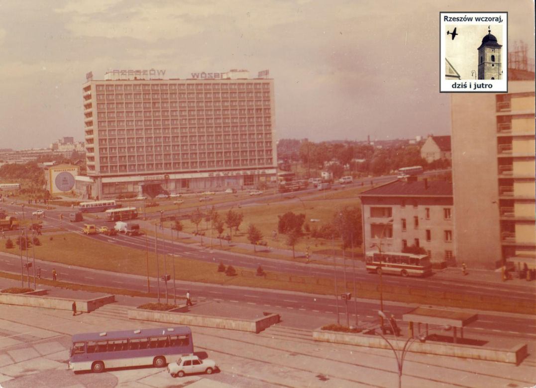 Widokówka z przełomu lat 70. i 80. a na niej hotel "Rzeszów"