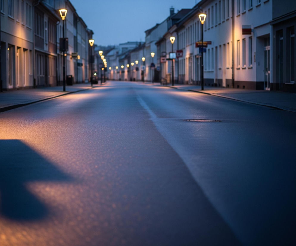 Uliczny widok przedstawia długą, pustą drogę rozciągającą się w głąb kadru, otoczoną po obu stronach rzędami budynków. Po obu stronach drogi rozmieszczone są latarnie uliczne, emitujące ciepłe, żółtopomarańczowe światło, które rozjaśnia jezdnię i elewacje budynków. Niebo jest w odcieniach ciemnego błękitu, sugerując późny wieczór lub wczesny ranek, a światło latarni odbija się na wilgotnej nawierzchni drogi, tworząc długie cienie w kształcie stożków. W oddali, światła latarni zbiegają się w jednym punkcie, tworząc wrażenie głębi i perspektywy.