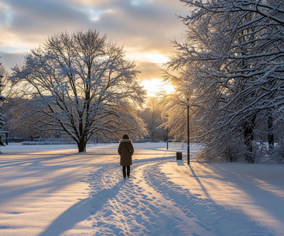 Kobieta w ciemnej kurtce z kapturem obszytym futrem idzie ścieżką w zaśnieżonym parku, oddalając się w kierunku zachodzącego słońca. Drzewa po obu stronach ścieżki są pokryte grubą warstwą śniegu, a ich gałęzie rzucają długie cienie na puszysty, biały teren. Niskie słońce barwi niebo na pomarańczowo i różowo, przebijając się przez gałęzie, oświetlając śnieg ciepłym, złotym blaskiem.