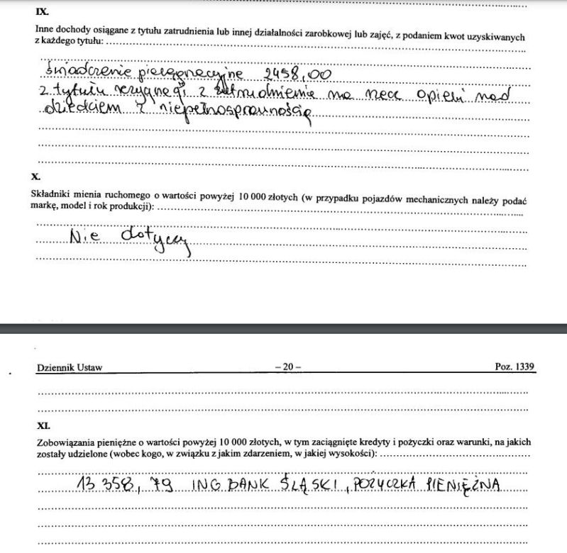 Fragment oświadczenia majątkowego