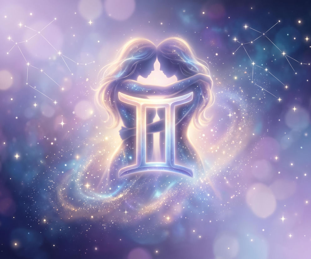 Dwie świetliste, przytulone postacie na tle gwiazd i symbolu zodiaku Bliźniąt. Horoskop na dziś sprawdzisz w Eska.