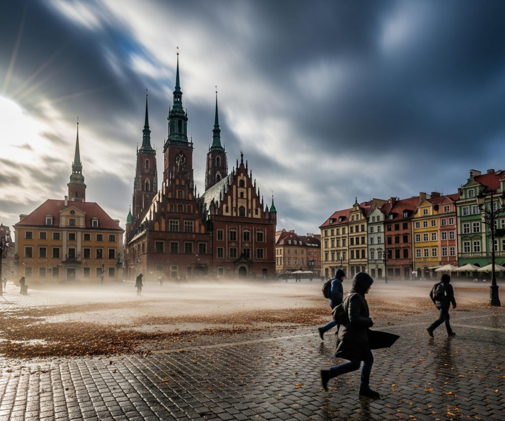 Rynek miejski z ceglanym ratuszem i przyległymi kamienicami o różnokolorowych fasadach wypełnia centralną część obrazu. Ulicę pokrywa mokra kostka brukowa oraz rozsypane, brązowe liście, a mgiełka wodna unosi się tuż nad jej powierzchnią, szczególnie wyraźna w lewej części kadru. Grupa ludzi idzie przez rynek, z których część jest rozmazana ruchem, zwłaszcza postacie na pierwszym planie po prawej stronie. Promienie słoneczne przebijają się przez ciemne chmury w lewym górnym rogu, oświetlając fragment nieba i rzucając długie smugi światła na plac.