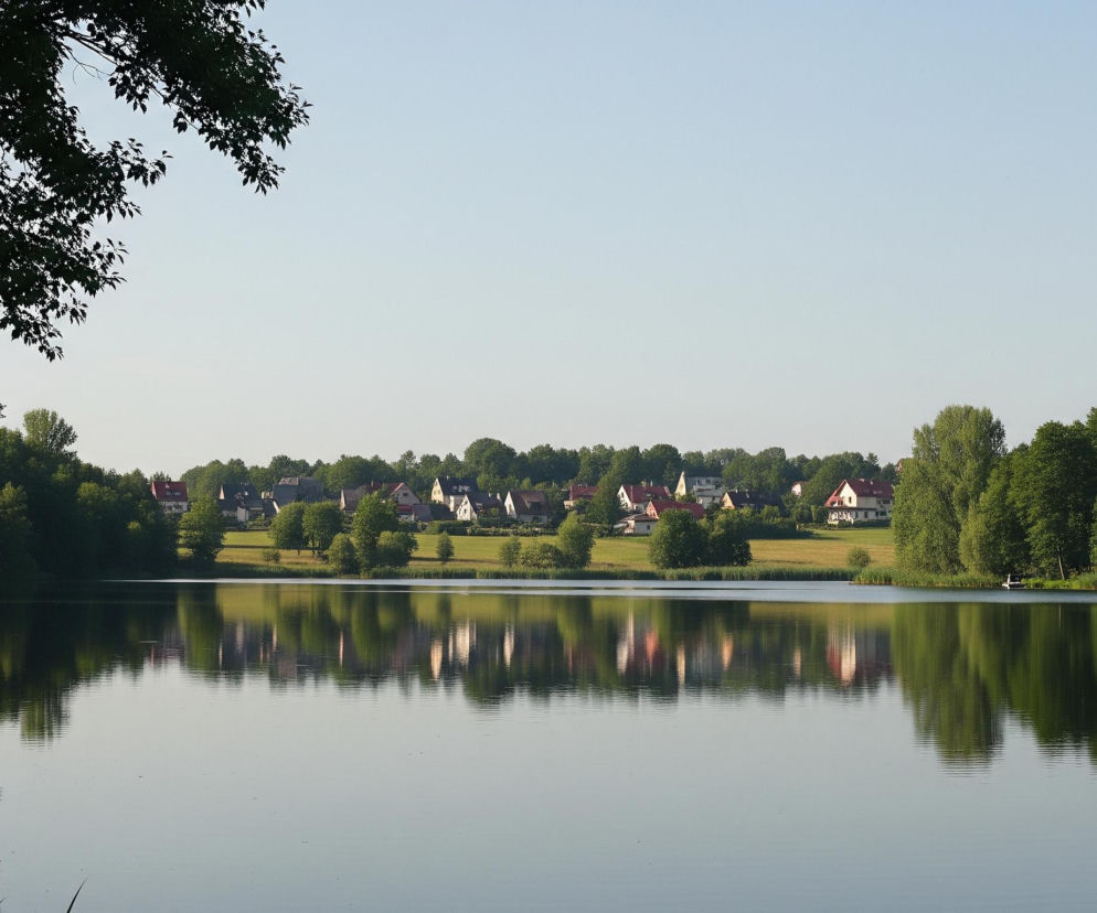 Spokojna tafla wody zajmuje dolną połowę obrazu, odbijając zniekształcone obrazy domów i drzew z dalekiego brzegu. Nad nią, w tle, widoczny jest długi pas zieleni składający się z drzew i traw, za którym stoją liczne domy z jasnymi elewacjami i czerwonymi lub ciemnymi dachami. Na lewym brzegu i u góry po lewej stronie ciemne sylwetki drzew z gęstym listowiem częściowo przysłaniają jasne niebo.