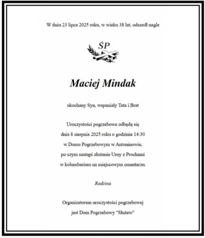 Maciej Mindak, nekrolog