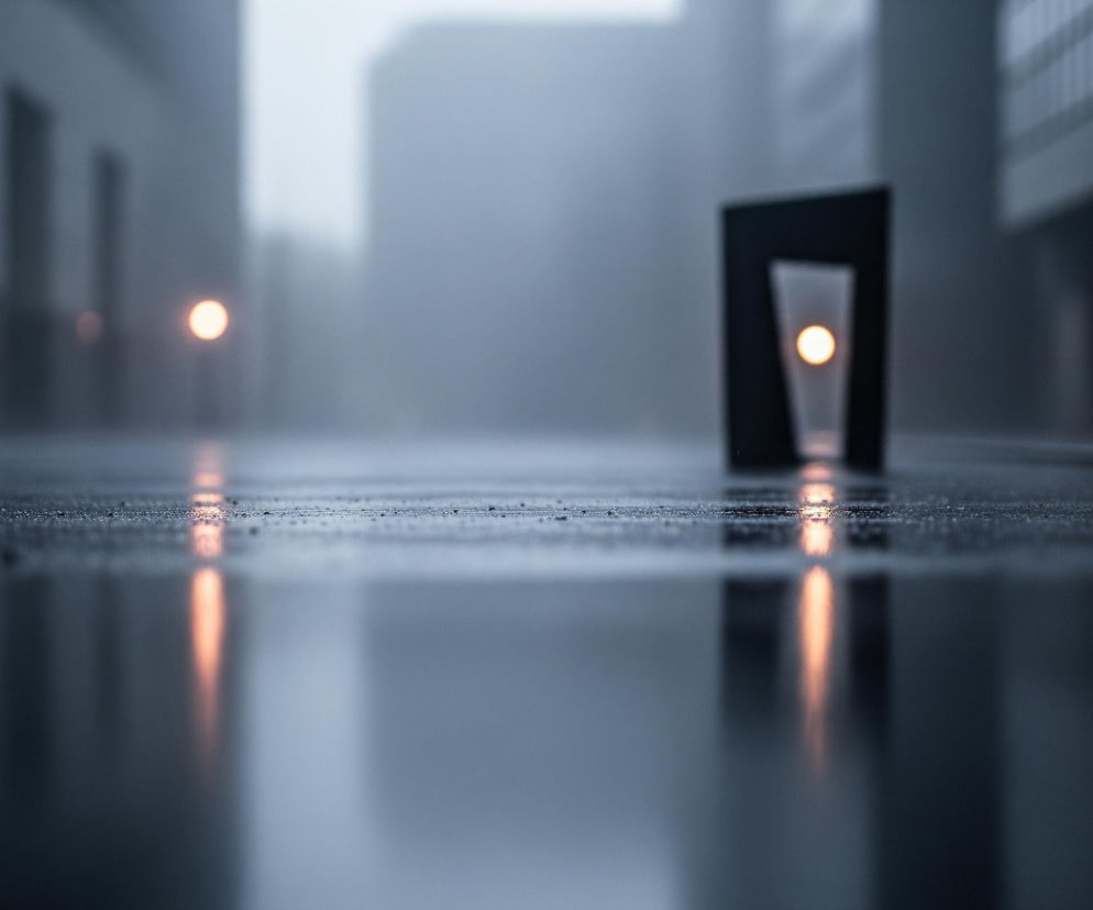 Ulicę, pokrytą drobnymi kropelkami wody odbijającymi światło, widać z niskiej perspektywy, dominującą część kompozycji. Na pierwszym planie, po prawej stronie, stoi prostokątny obiekt o ciemnej, matowej powierzchni, z wycięciem w kształcie pionowego trapezu, wewnątrz którego jarzy się pomarańczowe światło. Dwa podobne, ale bardziej rozmyte, pomarańczowe punkty światła są widoczne dalej w tle, po lewej stronie. Tło stanowią rozmyte zarysy budynków o prostej architekturze w odcieniach szarości i błękitu, zanurzone w mglistej atmosferze.