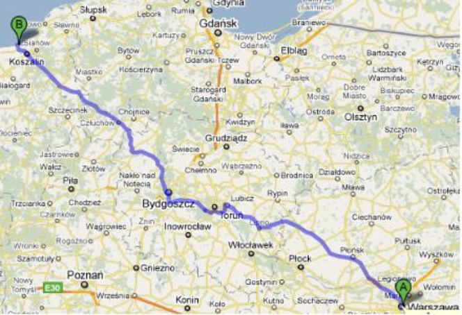 Trasa 10 i 25 Warszawa - Mielno mapka