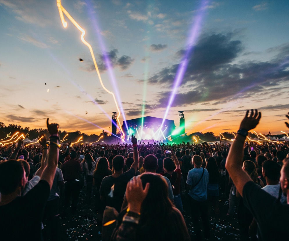 Scena muzyczna z widownią rozciąga się pod zachodzącym słońcem. Duży tłum ludzi, widoczny od tyłu, z rękami wzniesionymi w górę, wypełnia dolną część kadru, przed oświetloną sceną koncertową. Z za sceny w niebo strzelają kolorowe, fioletowo-zielone promienie światła, a nad głowami publiczności unoszą się złote, faliste smugi świetlne. Niebo stopniowo przechodzi od błękitu na górze do pomarańczowo-żółtych odcieni horyzontu.