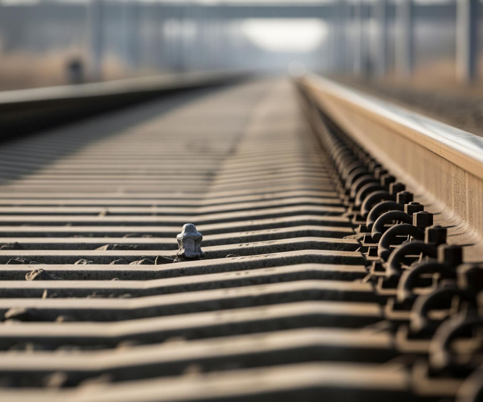 Długi rząd szyn kolejowych rozciąga się w głąb obrazu, stopniowo zwężając się i zlewając z horyzontem. Między dwiema szynami, na jednym z betonowych podkładów, spoczywa niewielki, szary kamień o nieregularnym kształcie, znajdujący się w centrum uwagi, nieco w lewo. Prawe ramię szyn jest wyraźnie ostre, ukazując detale mocowań w odcieniach czerni i brązu, podczas gdy lewe ramię i dalsza część torów są rozmyte, co tworzy efekt głębi ostrości. Całość otacza rozmyte tło w ciepłych, brązowych i szarawych barwach, z delikatnie jaśniejszym obszarem w oddali.