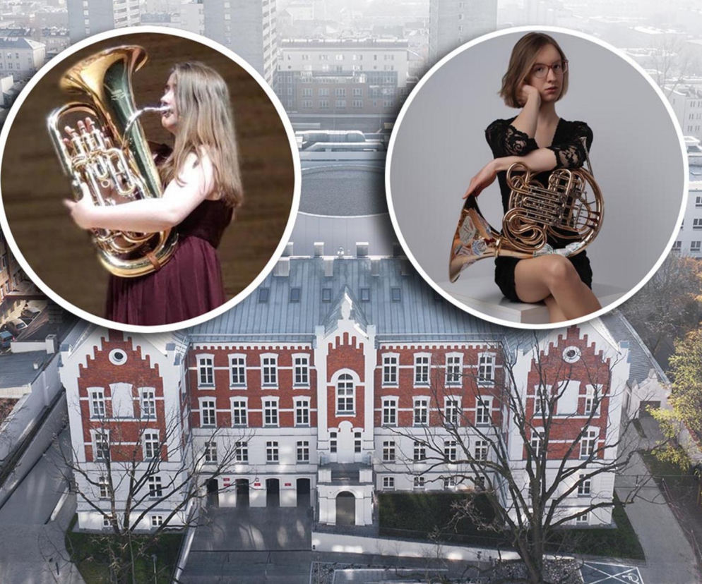 Budynek szkoły muzycznej w Warszawie z lotu ptaka. Na miniaturach dwie uczennice z instrumentami. Czytaj w Eska Warszawa.