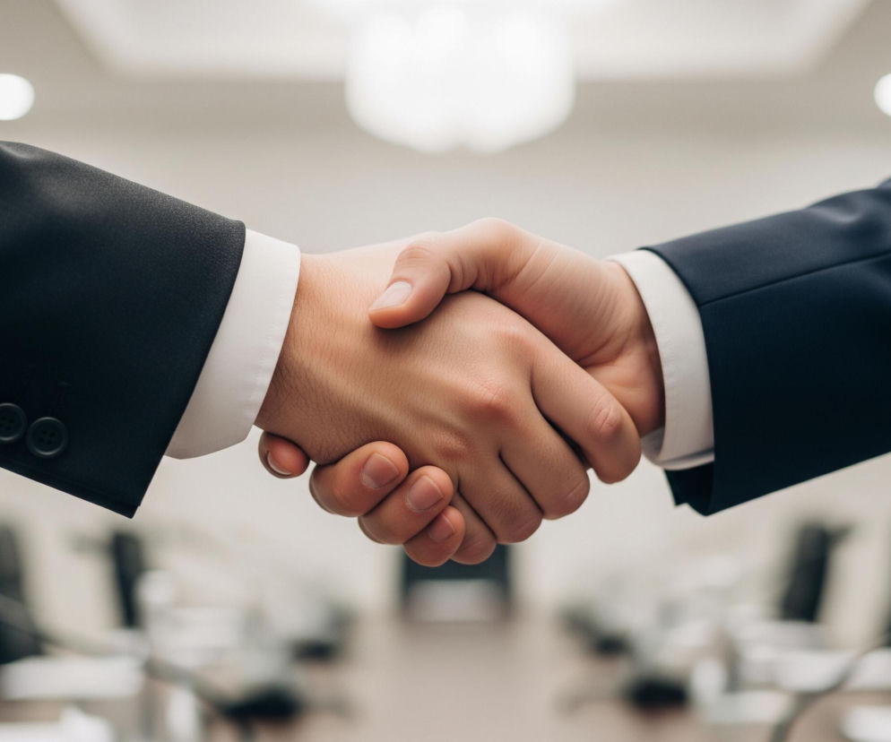 Dwa męskie przedramiona, jedno w ciemnym garniturze z lewej strony i drugie w ciemnym garniturze z prawej strony, ściskają sobie dłonie w centrum kadru. Obie dłonie mają jasną, cielistą karnację i widoczne paznokcie. Rękaw lewego garnituru jest czarny i posiada cztery guziki na mankiecie, podczas gdy prawy garnitur ma ciemnogranatowy kolor. W tle, rozmyte wnętrze sali konferencyjnej ukazuje stół z krzesłami i jasne oświetlenie sufitowe.