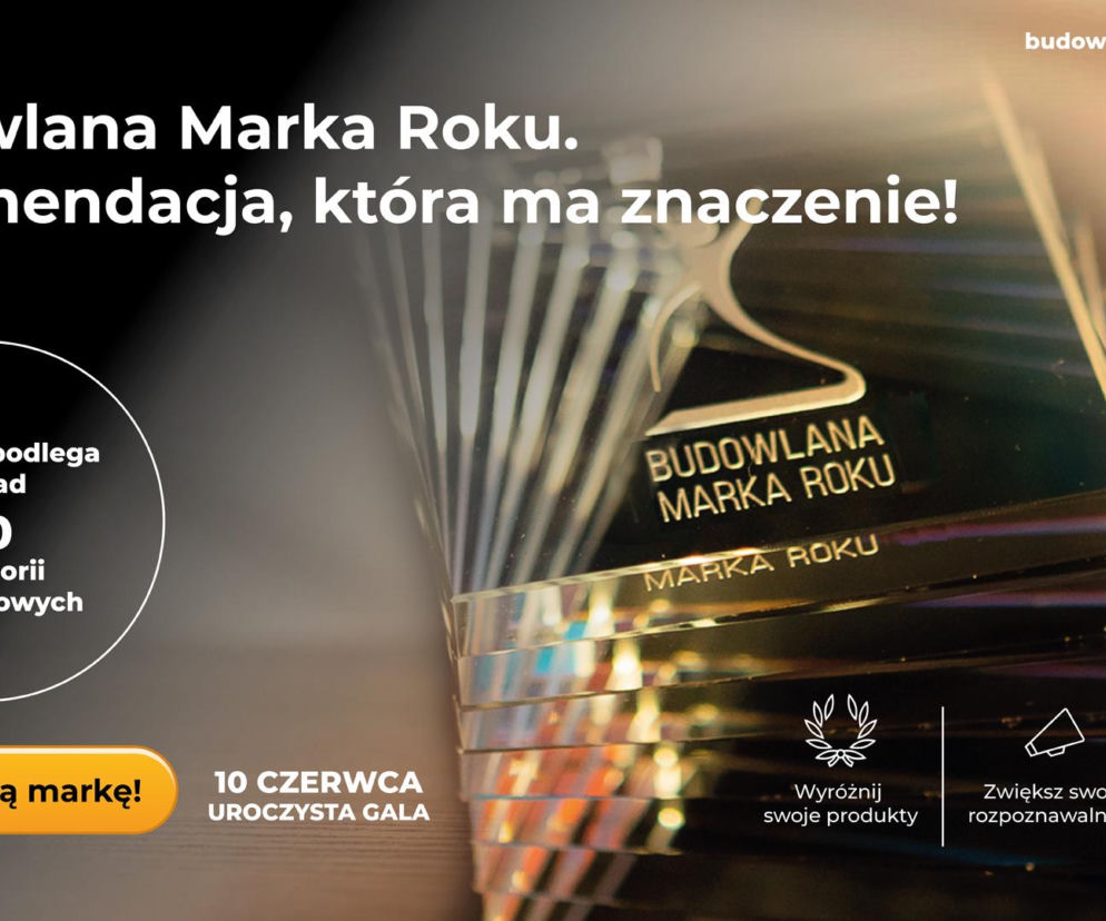 Stos akrylowych statuetek z napisem Budowlana Marka Roku na ciemnym tle, symbolizujący prestiżowe wyróżnienie w branży budowlanej. Grafika informuje o rankingu obejmującym ponad 50 kategorii produktowych oraz o uroczystej gali 10 czerwca, gdzie poznamy zwycięzców. To ważne wydarzenie, o którym możesz przeczytać na Super Biznes.