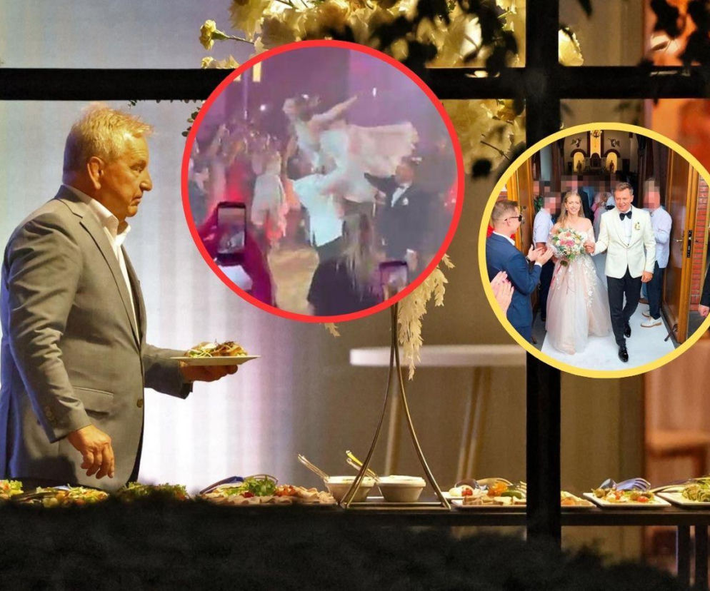 Andrzej Supron na weselu. Obok miniatury z tańczącą parą oraz Rafałem Brzozowskim z żoną. O ślubie czytaj w SE.