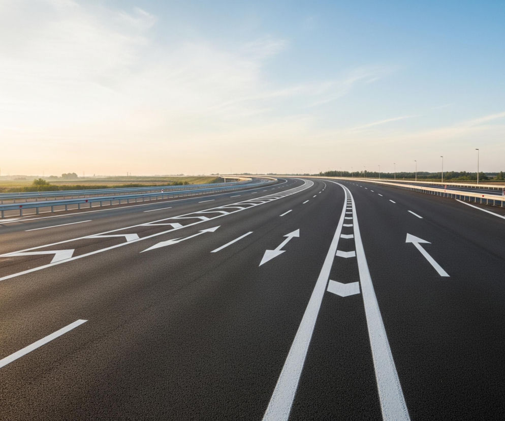 Pusta, czteropasmowa autostrada rozciąga się w kierunku horyzontu pod jasnym, częściowo zachmurzonym niebem. Na asfalcie widoczne są wyraźne białe pasy i strzałki kierunkowe, wskazujące na możliwość jazdy w kilku kierunkach. Po obu stronach drogi biegną metalowe barierki ochronne, a w oddali po prawej stronie widać szereg latarni ulicznych. Krajobraz poza autostradą składa się z zielonych pól i pasów drzew, które zanikają w lekkiej mgiełce lub mgle na horyzoncie. Światło słoneczne pada z lewej strony, tworząc ciepłe odcienie na asfalcie i niebie, które przechodzi od jasnożółtego do błękitnego.