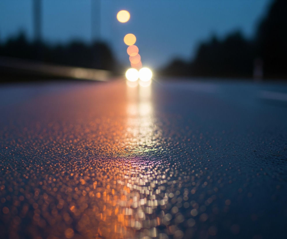 Mokry asfalt drogi, pokryty drobnymi kroplami wody, odbija rozproszone, pomarańczowe światła. W oddali, na horyzoncie, widać rozmazane, jasne punkty świateł samochodu oraz kolejne, żółte i pomarańczowe, należące do lamp ulicznych, rozmieszczone w rzędzie. Niebo ma głęboki, granatowy odcień, a po obu stronach drogi rozciąga się ciemny, niewyraźny zarys lasu lub gęstej roślinności.