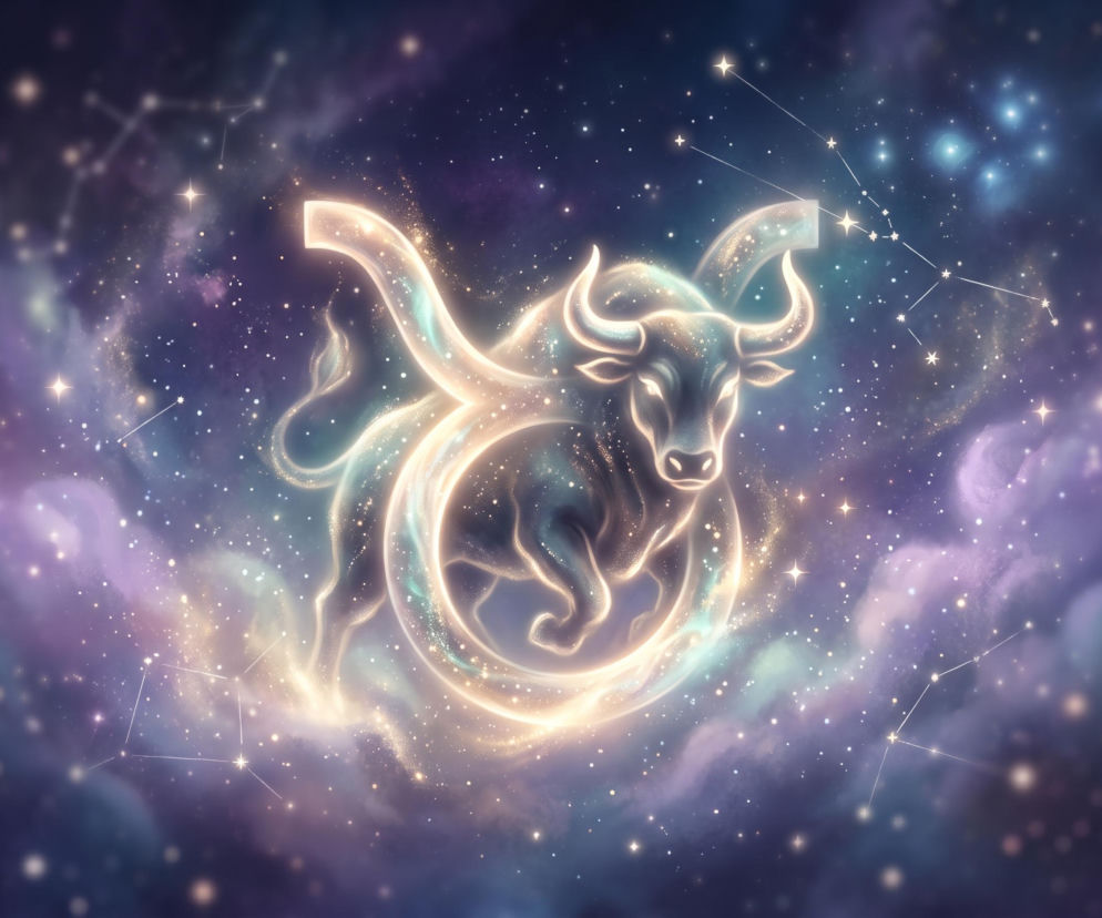 Świecący symbol zodiakalnego Byka na tle gwieździstego kosmosu. Horoskop dla tego znaku znajdziesz w serwisie Eska.