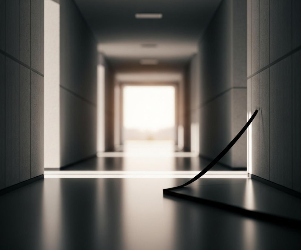Długi, wąski korytarz rozciąga się w głąb obrazu, prowadząc do jaśniejszego otworu na końcu. Ściany boczne, utrzymane w ciemnych odcieniach szarości, są lekko teksturowane i posiadają poziome linie dzielące je na sekcje. Na pierwszym planie po prawej stronie, z ciemnego obszaru, wygina się czarny, cienki kształt przypominający wstążkę lub listwę, tworząc kąt prosty z podłogą, która również jest ciemna i odbija światło z końca korytarza.