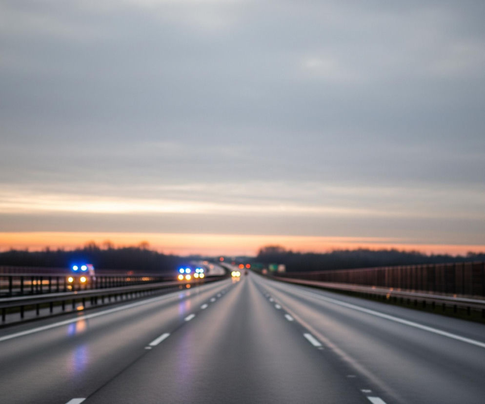 Długa, asfaltowa droga biegnie prosto w dal, zajmując większą część dolnej połowy kadru. Po obu stronach drogi widać bariery energochłonne, a za nimi, po prawej stronie, znajduje się ciemny ekran akustyczny, natomiast po lewej stronie, w oddali, rysuje się linia lasu. Niebo, zajmujące górną część obrazu, jest szare z jaśniejszym, pomarańczowo-różowym pasmem tuż nad horyzontem, sugerującym zachód słońca. Na drodze widoczne są rozmyte światła pojazdów, w tym niebieskie światła awaryjne po lewej stronie oraz żółte i białe światła nadjeżdżających samochodów w oddali.