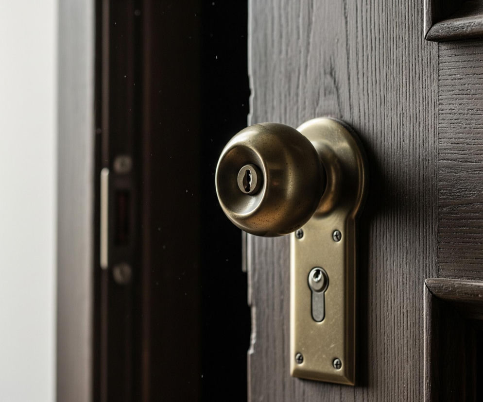 Widoczna jest lekko uchylona, ciemnobrązowa drewniana szafa lub drzwi, z wyraźnym usłojeniem drewna i ozdobnym, frezowanym profilem po prawej stronie. Na drzwiach zamontowana jest błyszcząca, złota lub mosiężna gałka, która zawiera okrągły otwór zamka pośrodku. Poniżej gałki znajduje się podłużna, złota szyldka z otworem na klucz. Po lewej stronie, w tle, widoczny jest jasny obszar, prawdopodobnie ściana, oraz fragment ciemniejszego wnętrza, z drobinami pyłu unoszącymi się w powietrzu.