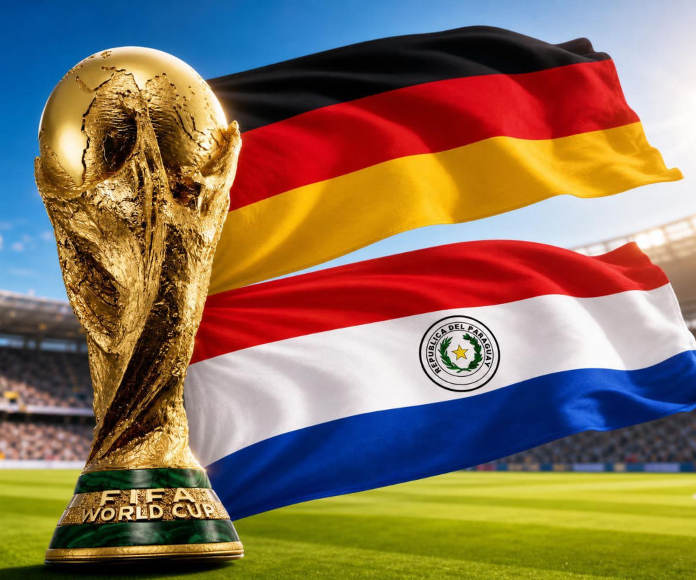 Puchar Świata FIFA na tle powiewających flag Niemiec i Paragwaju symbolizuje emocje związane z meczem Mundialu 2026. Szczegółowe statystyki tego spotkania znajdziesz na naszym portalu.