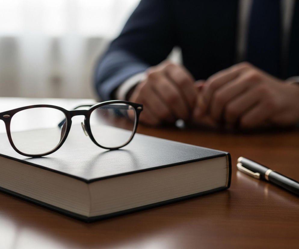 Na brązowym, błyszczącym blacie stołu leżą okulary w ciemnej, grubej oprawie. Okulary spoczywają na zamkniętej, czarnej książce z jasnymi stronami. Po prawej stronie książki, bliżej krawędzi blatu, znajduje się czarny długopis ze złotymi elementami. W tle widać niewyraźną postać osoby w ciemnym garniturze i białej koszuli, której dłonie są złożone na wysokości klatki piersiowej. Za postacią widoczne są rozmyte, pionowe, jasnoszare kształty, prawdopodobnie okien.