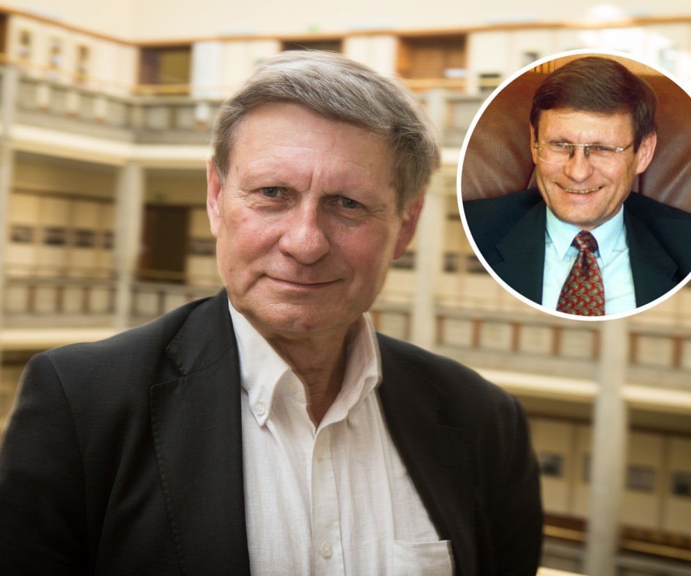 Leszek Balcerowicz w budynku Sejmu. Na miniaturze obok uśmiechnięty Andrzej Lepper. O ich sporze przeczytasz na SE Polityka.