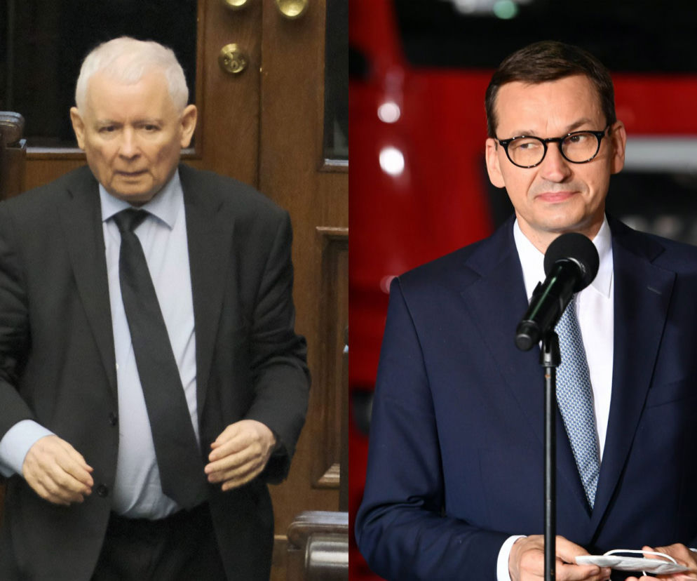 Jarosław Kaczyński w sejmowej ławie. Obok Mateusz Morawiecki przy mikrofonie. O rozłamie w PiS przeczytasz na SE Polityka.