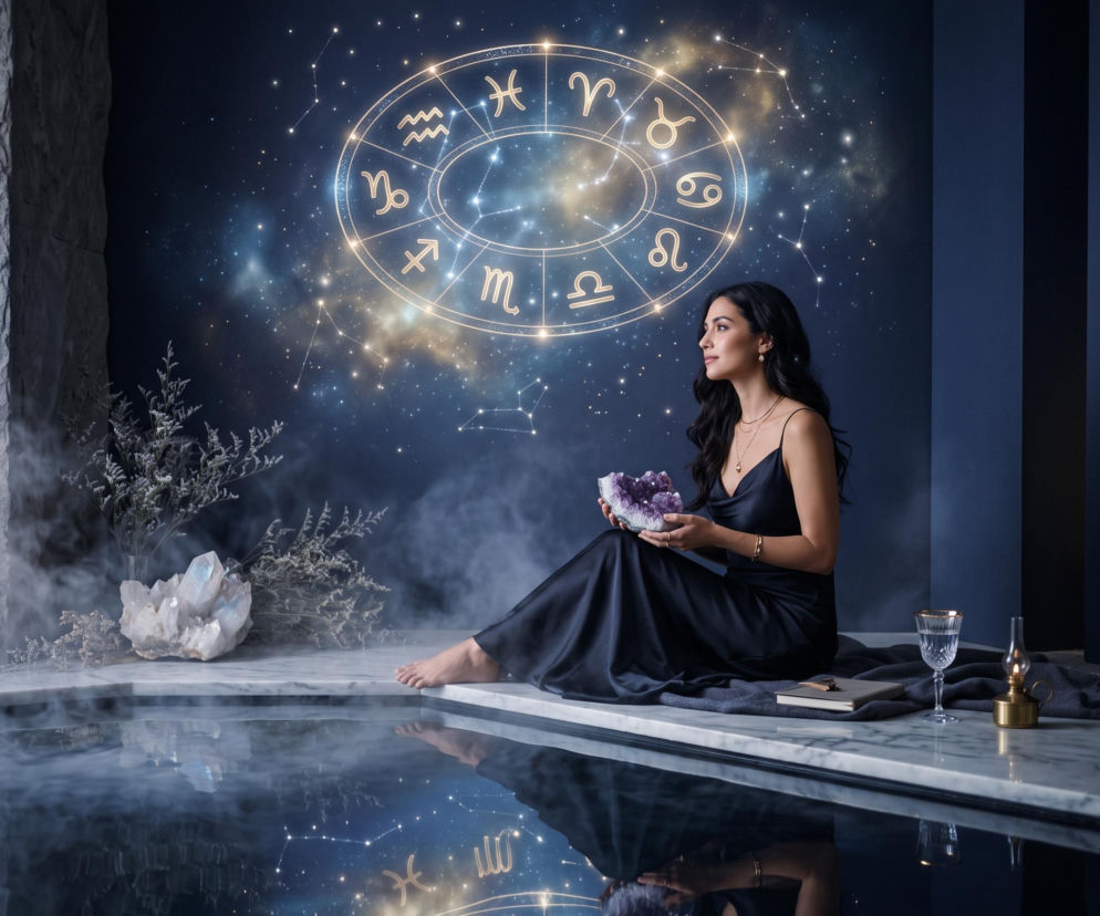 Kobieta w czarnej sukni siedzi nad wodą i trzyma kryształ. W tle świecący krąg zodiaku. O horoskopie przeczytasz na SE.